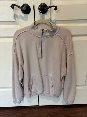 aerie Half Zip-Front Pullover Sweatshirt in Light Taupe